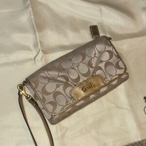Coach Metallic Beige Signature Wristlet with Gold Trim